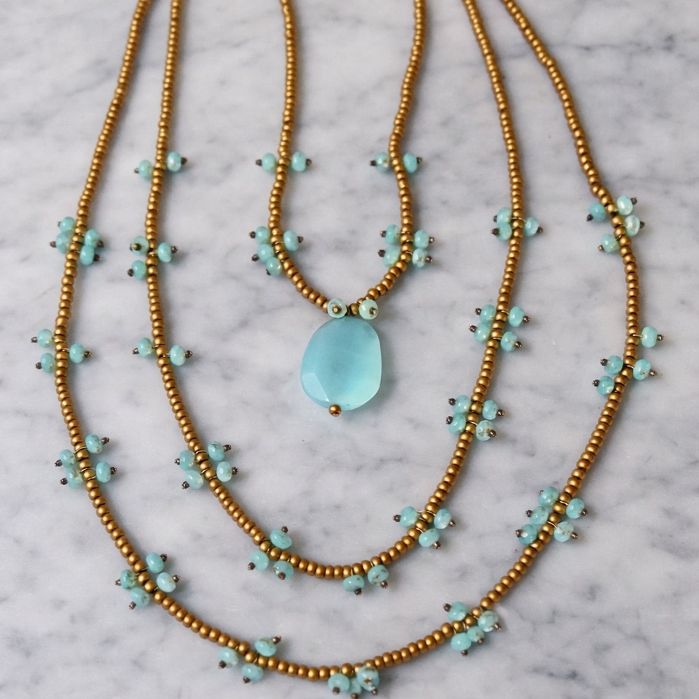 Triple Strand Aqua Blue Stone Pendant Necklace | Gold Tone Beaded Boho Statement